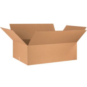 An empty MH-USA 48 x 24 x 12 corrugated box with outward flaps is set against a white backdrop, highlighting the versatile strength of these boxes, sold in bundles of ten.