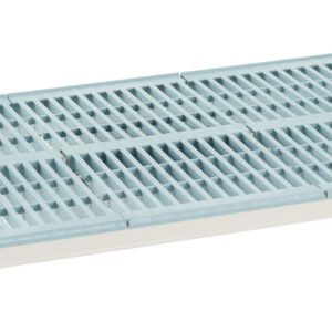 The MetroMax i MX2448G Plastic Industrial Shelf with Grid Mat is a 24 x 48 rectangular ventilated pallet featuring light gray surfaces and black and blue corner reinforcements, ideal for industrial use.