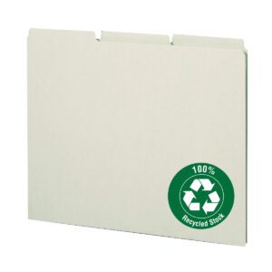 The Smead Pressboard Guides feature plain 1/3-cut tabs, designed for letter-size documents. Each folder is gray/green and includes a green circular label with 100% Recycled Stock. Available in boxes of 100 (50334).