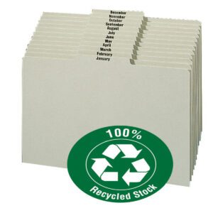 A set of twelve Smead Pressboard Guides, letter size with a plain 1/3-cut tab center position labeled from Jan.-Dec, is displayed. Each gray/green folder bears the 100% Recycled Stock symbol.