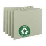 Five Smead Pressboard Guides, labeled 1 to 5 and arranged in a staggered stack, feature a green circle with the recycling symbol and 100% Recycled Stock text. These gray/green folders have 1/5-Cut Tabs (1-31) for easy organization.