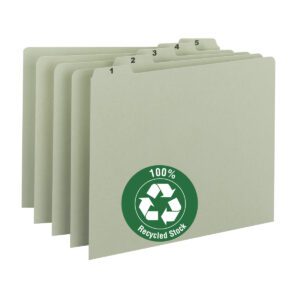 Five Smead Pressboard Guides, labeled 1 to 5 and arranged in a staggered stack, feature a green circle with the recycling symbol and 100% Recycled Stock text. These gray/green folders have 1/5-Cut Tabs (1-31) for easy organization.