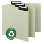 The Smead Pressboard Guides, featuring flat metal 1/3-cut tabs with inserts, come in letter size and a gray/green color. They boast a 100% Recycled Stock label on the front and are ideal for organizing any workspace. Available in sets of 50 per box (50534).