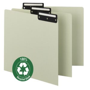 The Smead Pressboard Guides, featuring flat metal 1/3-cut tabs with inserts, come in letter size and a gray/green color. They boast a 100% Recycled Stock label on the front and are ideal for organizing any workspace. Available in sets of 50 per box (50534).