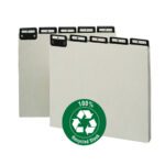 The Smead Pressboard Guides, featuring a Flat Metal 1/5-Cut Tab with Insert (A-Z), boast a gray/green color, letter size, and come in sets of 25. They include a green 100% Recycled Stock badge and are slightly fanned out.