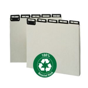 The Smead Pressboard Guides, featuring a Flat Metal 1/5-Cut Tab with Insert (A-Z), boast a gray/green color, letter size, and come in sets of 25. They include a green 100% Recycled Stock badge and are slightly fanned out.