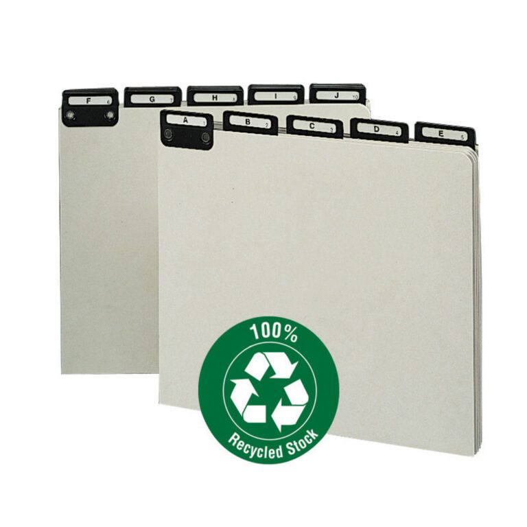 The Smead Pressboard Guides, featuring a Flat Metal 1/5-Cut Tab with Insert (A-Z), boast a gray/green color, letter size, and come in sets of 25. They include a green 100% Recycled Stock badge and are slightly fanned out.