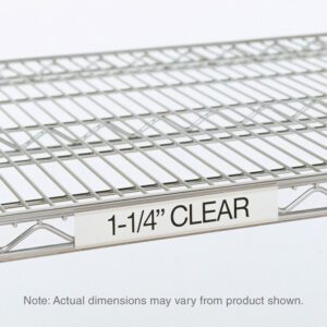 A metal wire shelf with a label displaying 1-1/4” CLEAR. Below, small text reads, Note: Actual dimensions may vary from product shown.