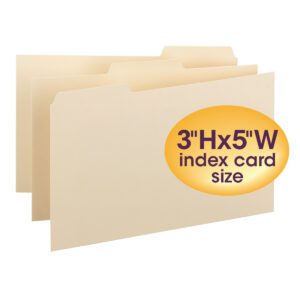 Three Smead Card Guide index card dividers in manila color are labeled 3 H x 5 W with blank 1/3-cut tabs, visible in a yellow oval.