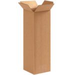 An MH-USA 5 x 5 x 12 Tall Corrugated Box stands open on a white background, with flaps slightly bent outward, revealing an empty interior. Available in bundles of 25, these boxes offer versatile storage solutions.