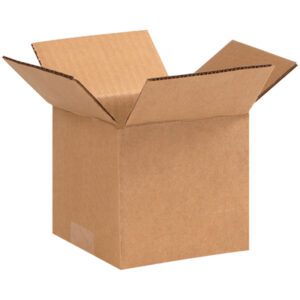 A brown open MH-USA 5 x 5 x 4 corrugated box with slightly bent flaps is set against a white background. The empty box displays three visible sides and is part of the packaging solution offered as MH-USA Corrugated Boxes (25/Bundle).