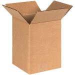 An empty MH-USA 5 x 5 x 8 corrugated box from a bundle of 25 stands upright with flaps extended outward, crafted from durable corrugated material and featuring a light brown color.