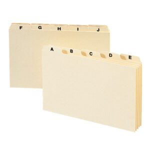 Two Smead Card Guide sets with 1/5-cut tabs, showing A-E and F-J. Made from durable manila stock, each divider is 4H x 6W in a pack of 25 per set (56076).