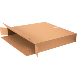 A partially assembled MH-USA 56 x 8 x 36 Flat-Panel TV Box from a 5/Bundle set, with open flaps, rests on a white background. The light brown surface shows faint creases and folds, typical of flat boxes.