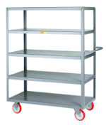 The Little Giant Welded 5-Shelf Service Cart features a gray metal build with four shelves, a handy side handle, and four red wheels for easy mobility.