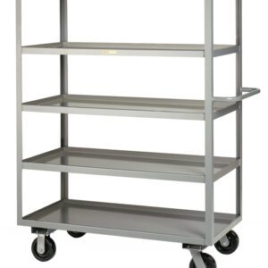 Introducing the Little Giant Multi-Shelf Truck, a sleek silver utility cart with four open shelves and a sturdy handle for easy maneuvering. Equipped with four wheels, its perfect for efficient storage or transport of items.