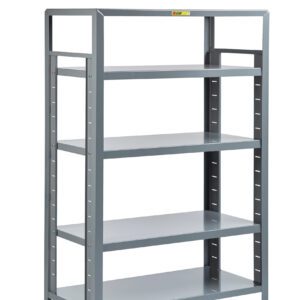 The Little Giant Heavy-Duty Adjustable Steel Shelving is a gray, four-shelf metal rack with a robust frame and adjustable shelves. A small label is at the top, set against a plain white background.