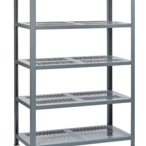 A gray five-tier metal shelving unit with perforated shelves provides excellent storage and organization, spaced for optimal use. Its sturdy design mirrors that of Little Giant Heavy-Duty Welded Steel Shelving, ensuring durability in various settings.