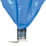 The MH-USA 60 Cubic Feet Loose Fill Dispenser includes a blue flexible funnel connected to a metal pipe, with a wide opening tapering to a black band. A white spill tray is attached below for mess prevention.
