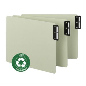 Three extra wide letter-size gray Smead folders labeled A, B, and C stand in a row. The front folder displays a green recycling symbol with 100% Recycled Stock. Available as a set of 25 (61676).