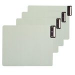 A set of four gray/green Smead end tab recycled pressboard guides with black fasteners on the left are staggered for document organization. Featuring a vertical metal tab, these extra wide legal size guides come in a box of 50 (63235) for efficient office use.