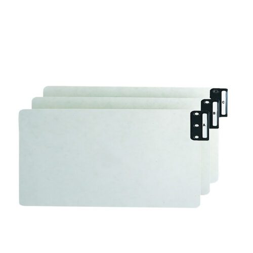 The Smead End Tab 100% Recycled Pressboard Guides (63276) come in a set of 25, featuring extra wide legal size and gray/green hues. They offer vertical metal tabs (A-Z) against an understated plain white backdrop for sleek organization.