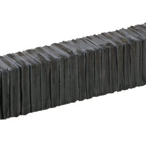 A stack of rectangular dark metal plates resembles the Vestil Laminated Dock Bumper 6 X 36 X 4.5 In, with holes at one end and tightly packed to form a long bar-like shape.