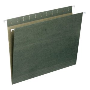 The Smead Hanging File Folder, Letter Size, Standard Green (64010) is shown in an angled view against a white background. Featuring metal hooks on each side, it fits perfectly into any filing cabinet and is conveniently sold in boxes of 25.