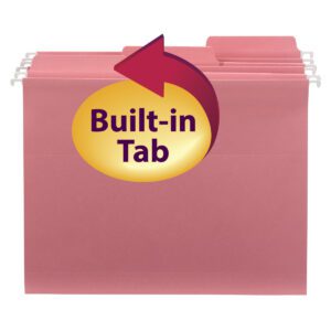 Displayed is a set of Smead FasTab™ Hanging File Folders in dark pink (9 per pack, 64014). These letter-size folders feature 1/3-cut built-in tabs for easy organization, highlighted by a large arrow labeled Built-in Tab.
