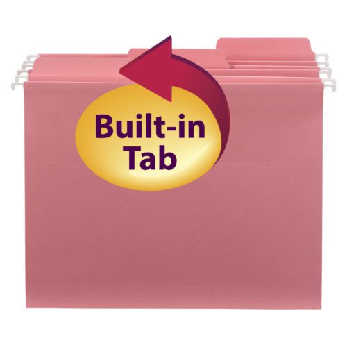Displayed is a set of Smead FasTab™ Hanging File Folders in dark pink (9 per pack, 64014). These letter-size folders feature 1/3-cut built-in tabs for easy organization, highlighted by a large arrow labeled Built-in Tab.
