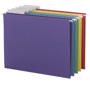 The Smead Hanging File Folder with Tab (64020) includes 25 letter-sized folders in assorted colors like purple, blue, green, yellow, orange, and red. Featuring 1/3-cut adjustable tabs for labeling, theyre ideal for filing cabinets.