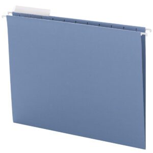 The Smead Hanging File Folder with 1/3-cut adjustable tabs, metal hooks, and clear plastic inserts is perfect for workspace organization. It comes in a blue design and includes 25 folders per box (64021).