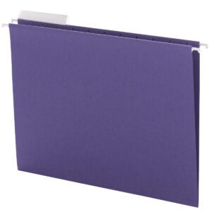 The Smead Hanging File Folder, featuring a purple design and metal suspension rod, offers a 1/3-cut adjustable tab and ample document space. Available in packs of 25 per box (64023).