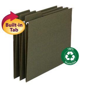 The Smead 100% Recycled FasTab® Hanging File Folders in standard green feature 1/3-cut built-in tabs for easy organization. A circular label verifies theyre made from recycled stock, with each box containing 20 folders for an eco-friendly filing choice.