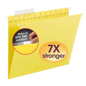 The Smead TUFF? Hanging File Folder in yellow, with a reinforced design and 1/3-Cut Easy Slide? Tab for customizable organization, is 7X stronger. It features an image of a hand sliding the tab, highlighting Slides to any tab position! Sold in boxes of 18 (64044).