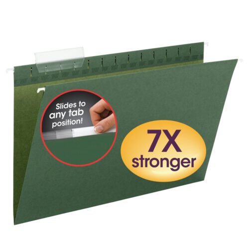 The Smead TUFF? Hanging File Folder with Easy Slide? Tab in Legal Size, Standard Green is available 20 per Box (64136). It features a 1/3-Cut Sliding Tab and a 7X stronger emblem, with an inset showing a hand adjusting the tab.