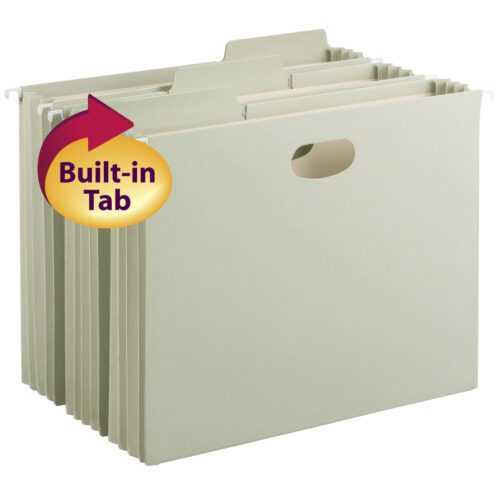 64222_W1.jpg A display shows moss green Smead FasTab hanging file pockets with 3-1/2 expansion and full-height gussets. A label with an arrow highlights the Built-in Tab. These letter-size files (64222) have cut-out handles for easy carrying.