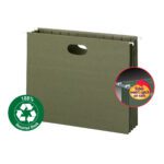 The Smead 100% Recycled Hanging Pocket with Full-Height Gusset and 3-1/2 expansion features a convenient handle and reinforced edges to prevent catching. An icon shows its made from recycled materials. Sold in packs of 10 per box (64226).