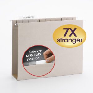 The Smead TUFF? Hanging Box Bottom Folder in steel gray, featuring a 1/3-Cut Easy Slide? Tab, is displayed. An inset shows a hand sliding the tab. A large oval label on the folder boasts its 7X stronger, offering durability for your organizational needs.