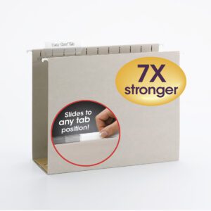 A hand adjusts the Easy Slide Tab on a beige Smead TUFF™ Hanging Box Bottom Folder, featuring a 7X stronger gold circle. These Steel Gray, letter-size folders have 4 expansion and come in boxes of 18 (64242).