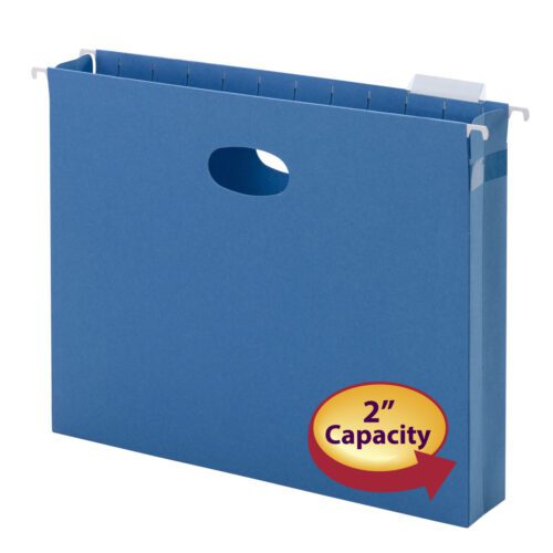 Organize letter-size documents with the Smead Hanging File Pocket, Sky Blue. It includes a 2 expansion and a 1/5-cut adjustable tab. This folder features a circular handle cutout, white hooks, and a red/yellow label for easy access. (64250).