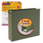 A Smead Hanging Box Bottom File Folder (64259) is shown with a Standard Green folder. This Letter Size folder has metal hangers, a reinforced bottom, and labels its 2-inch capacity.