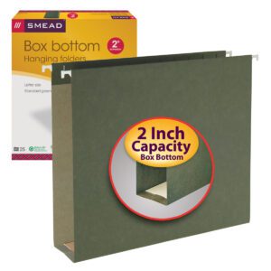A Smead Hanging Box Bottom File Folder (64259) is shown with a Standard Green folder. This Letter Size folder has metal hangers, a reinforced bottom, and labels its 2-inch capacity.