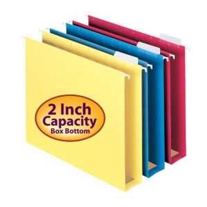 The Smead Hanging Box Bottom File Folders (64264) are available in letter size with a 2 expansion. They come in assorted colors: yellow, red, teal, and blue. The yellow folder has a 2 Inch Capacity Box Bottom label. Each folder includes a top tab for easy labeling. Available as 25 per box.