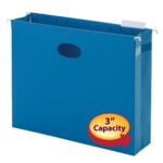 The Smead Sky Blue Hanging File Pocket features a 3 expansion, metal hooks, and a 1/5-cut adjustable tab. It includes a cutout handle and is labeled with red and yellow for its expansion capacity. Available in letter size, this product is packaged as 25 per box (64270).