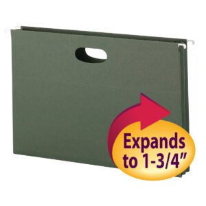 The Smead Hanging File Pocket (64318) in legal size has a 1-3/4 expansion, standard green color, and includes metal hooks with cut-out handles for easy access, providing ample space for documents.