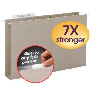 The Smead TUFF Hanging Box Bottom Folder, legal size and steel gray, features an Easy Slide Tab with a bold oval highlighting its 7X stronger, available in packs of 18 per box (64340).