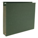 The Smead Hanging Box Bottom Folder (64359) in Standard Green, featuring metal hooks and a 2 expansion, is displayed against a white background, highlighting the detailed side gussets.