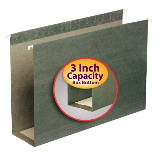 The Smead Hanging Box Bottom File Folder, legal size and standard green (64379), features a 3 expansion with a 3 Inch Capacity Box Bottom label, perfect for holding plenty of documents. Each box includes 25 folders to efficiently organize your workspace.