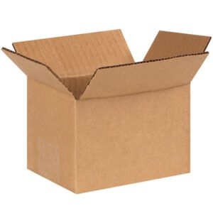 An MH-USA 6 x 4 x 4 corrugated box with flaps open is shown against a white backdrop. This plain brown box, perfect for shipping or storage, is sold in bundles of 25.